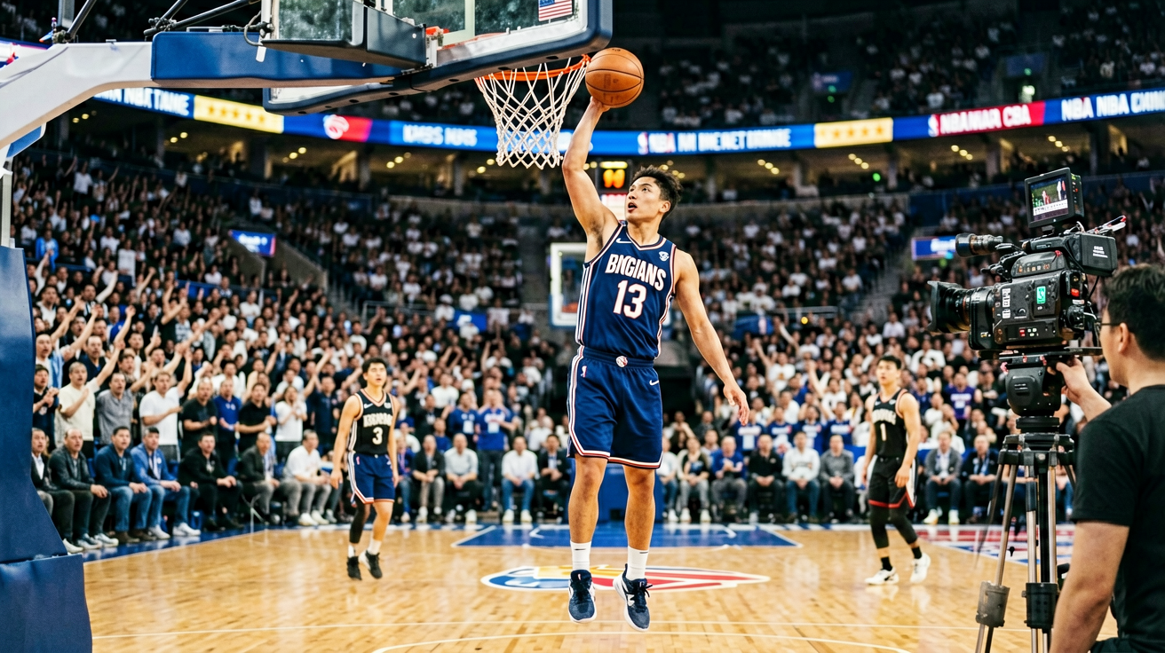 NBA篮球比赛现场，球员扣篮瞬间